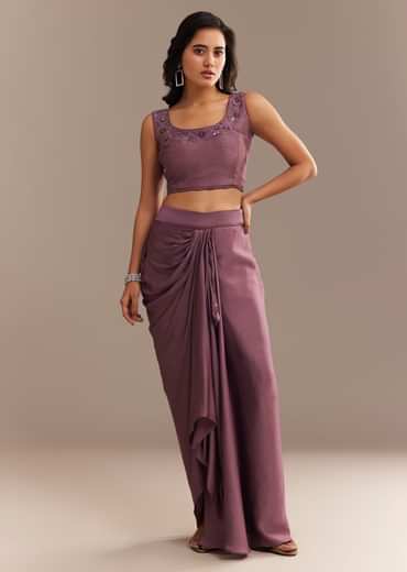 Faded Wine Sequined Jacket Draped Skirt Set