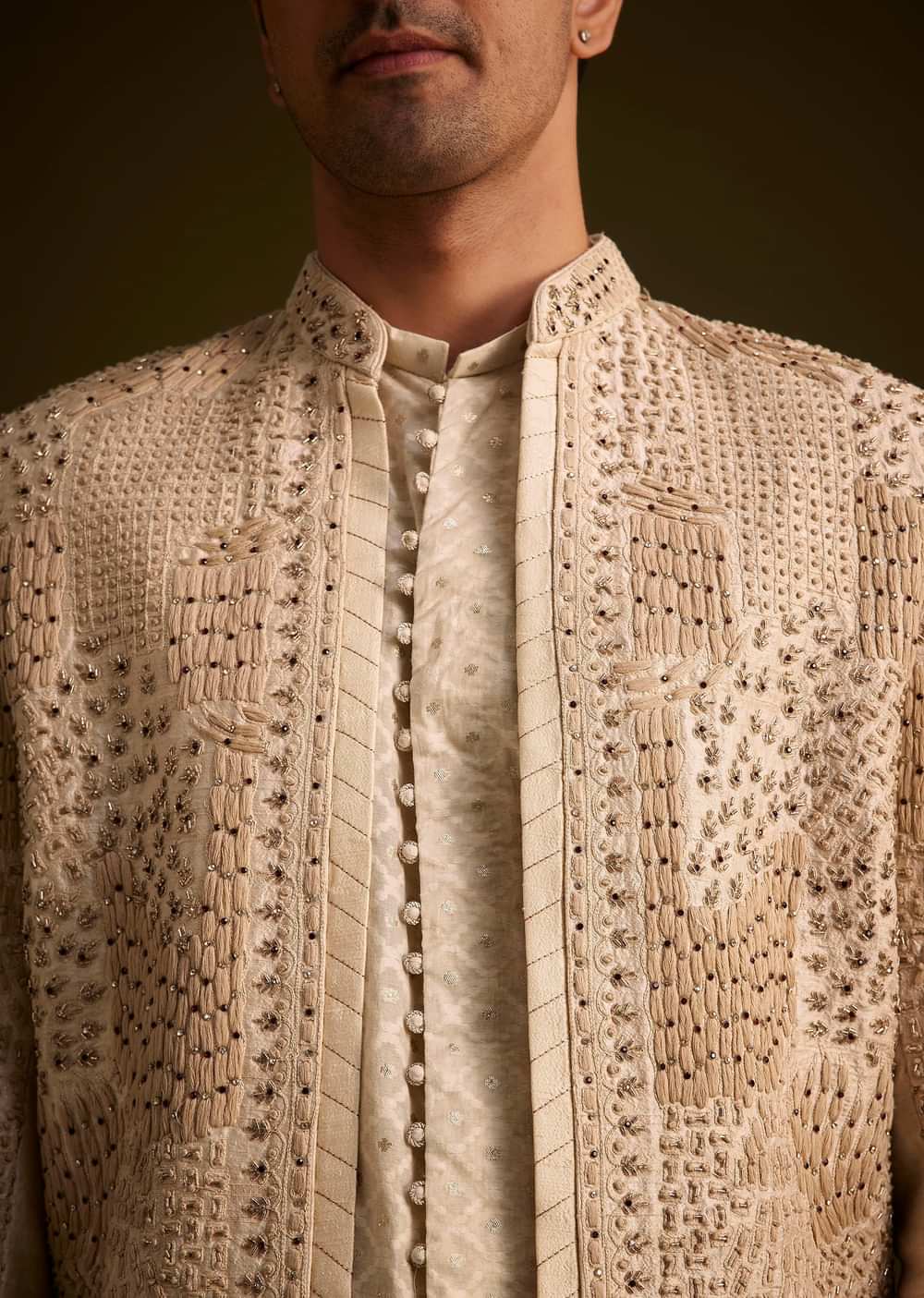 Faun Hand Embroidered Sherwani With Tonal Mirror and Sequin Detailing