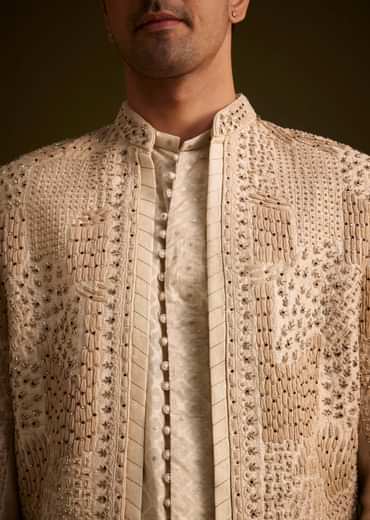 Faun Hand Embroidered Sherwani With Tonal Mirror and Sequin Detailing