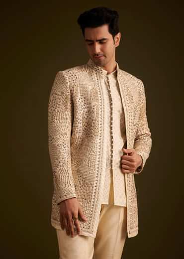 Faun Hand Embroidered Sherwani With Tonal Mirror and Sequin Detailing