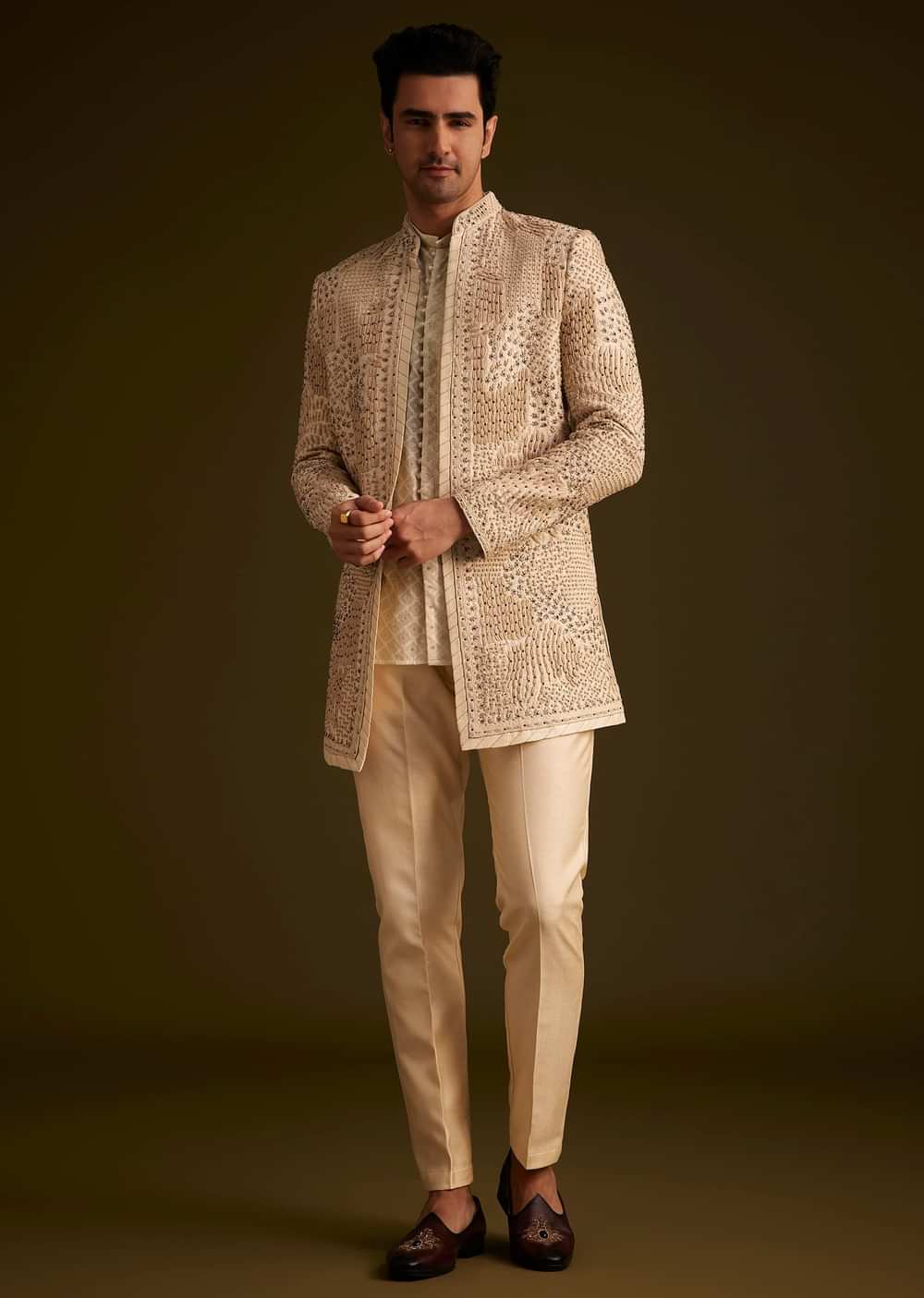Faun Hand Embroidered Sherwani With Tonal Mirror and Sequin Detailing
