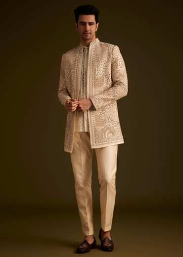 Faun Hand Embroidered Sherwani With Tonal Mirror and Sequin Detailing