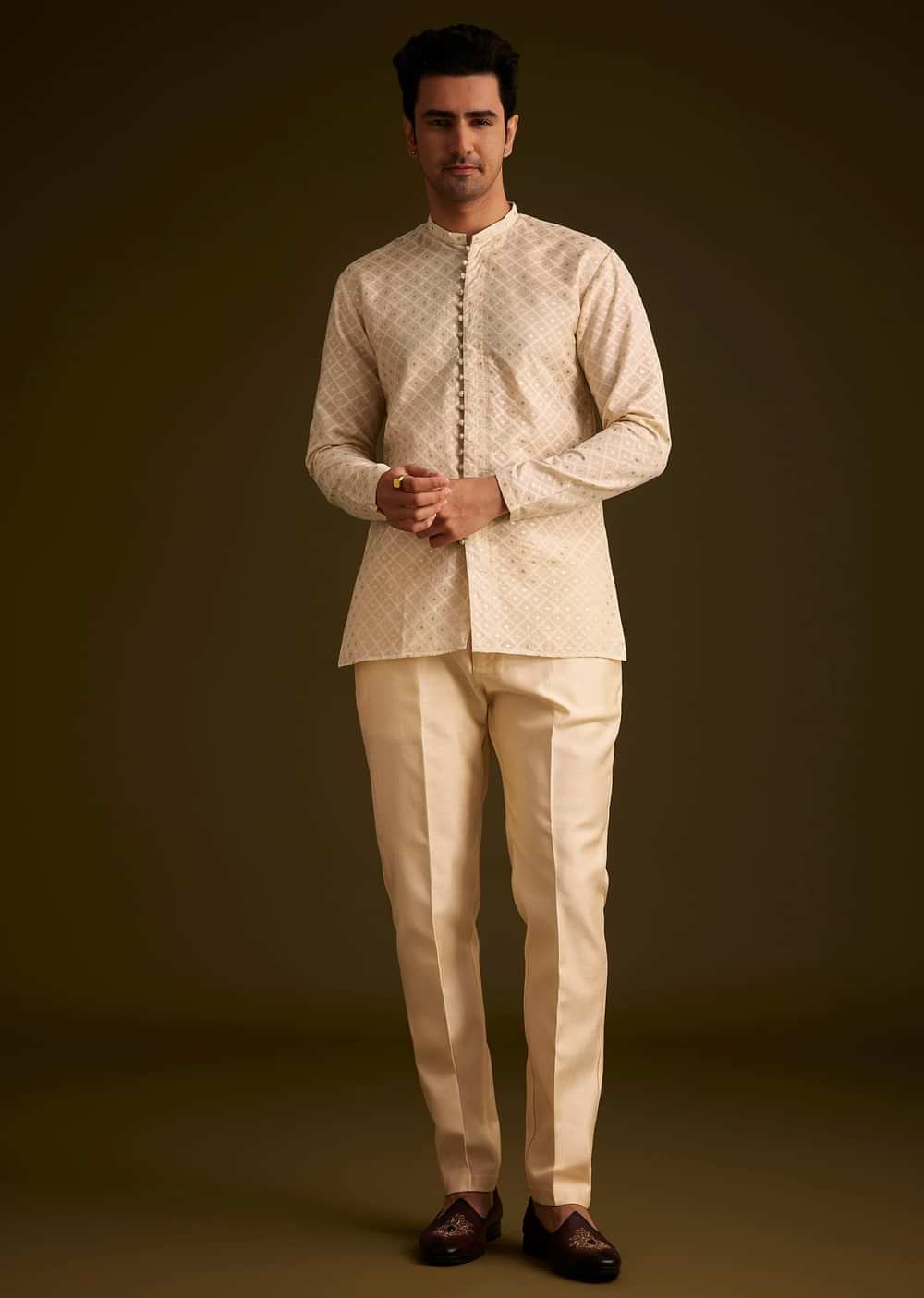 Faun Hand Embroidered Sherwani With Tonal Mirror and Sequin Detailing
