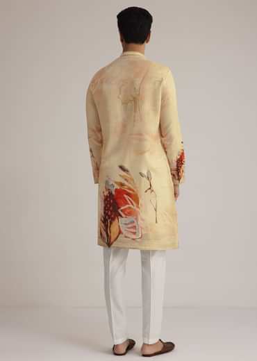 Fawn Linen Kurta Set With Butterfly Inspired Abstract Print