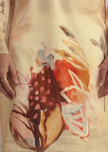 Fawn Linen Kurta Set With Butterfly Inspired Abstract Print