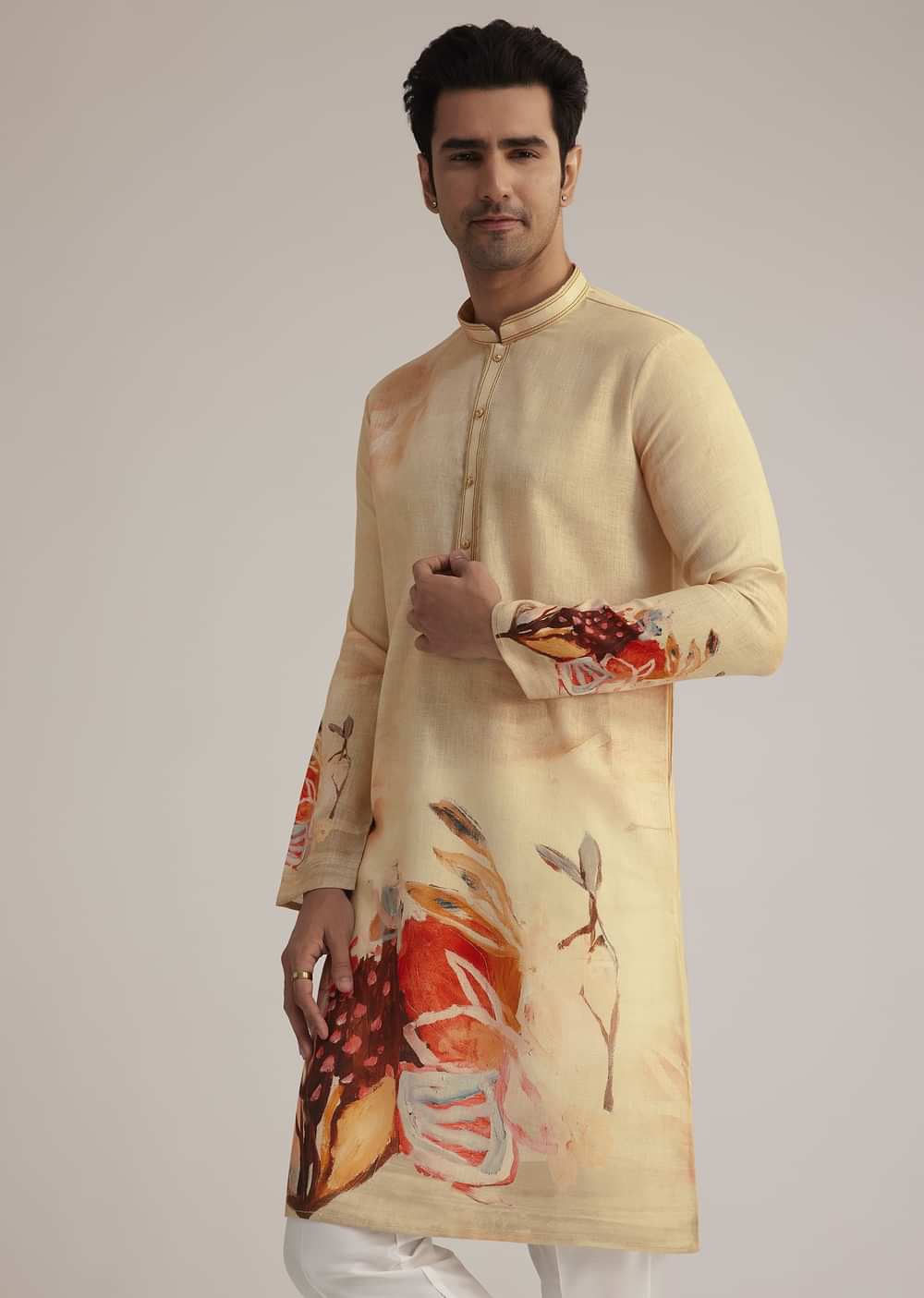 Fawn Linen Kurta Set With Butterfly Inspired Abstract Print