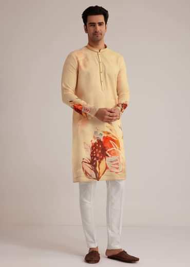 Fawn Linen Kurta Set With Butterfly Inspired Abstract Print