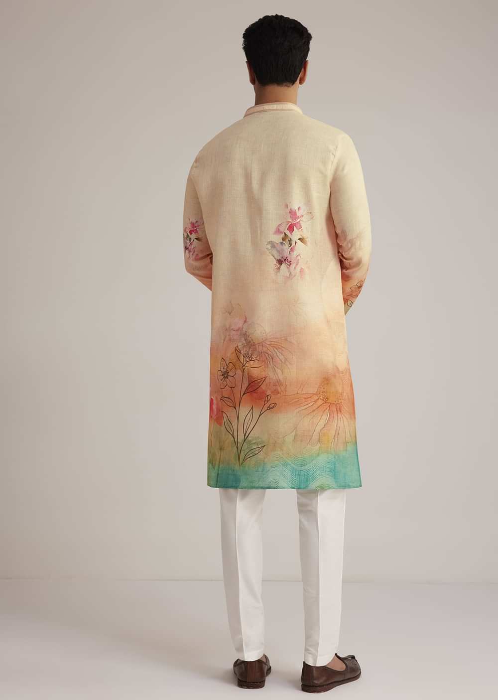 Fawn Linen Ombre Kurta Set With Floral Print