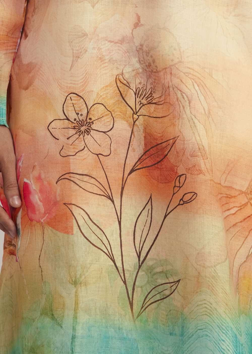 Fawn Linen Ombre Kurta Set With Floral Print