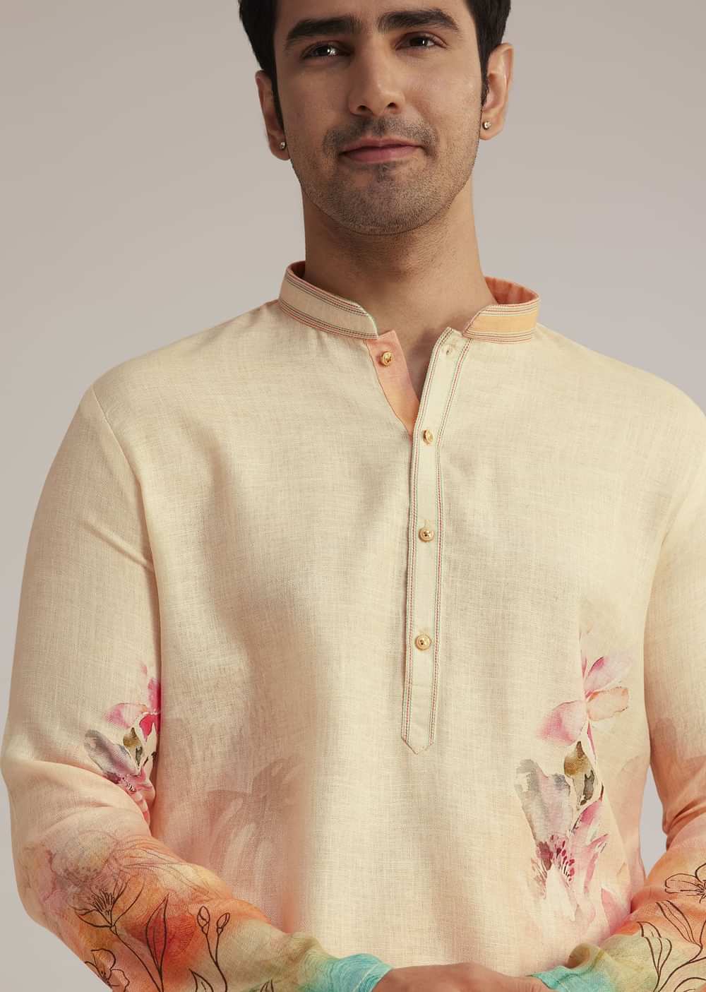 Fawn Linen Ombre Kurta Set With Floral Print