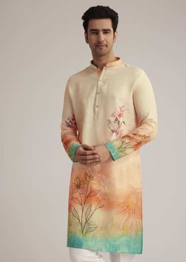 Fawn Linen Ombre Kurta Set With Floral Print
