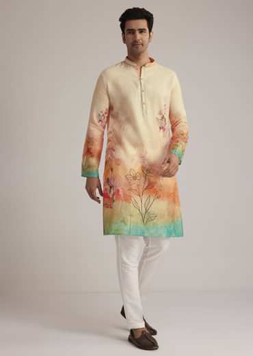 Fawn Linen Ombre Kurta Set With Floral Print