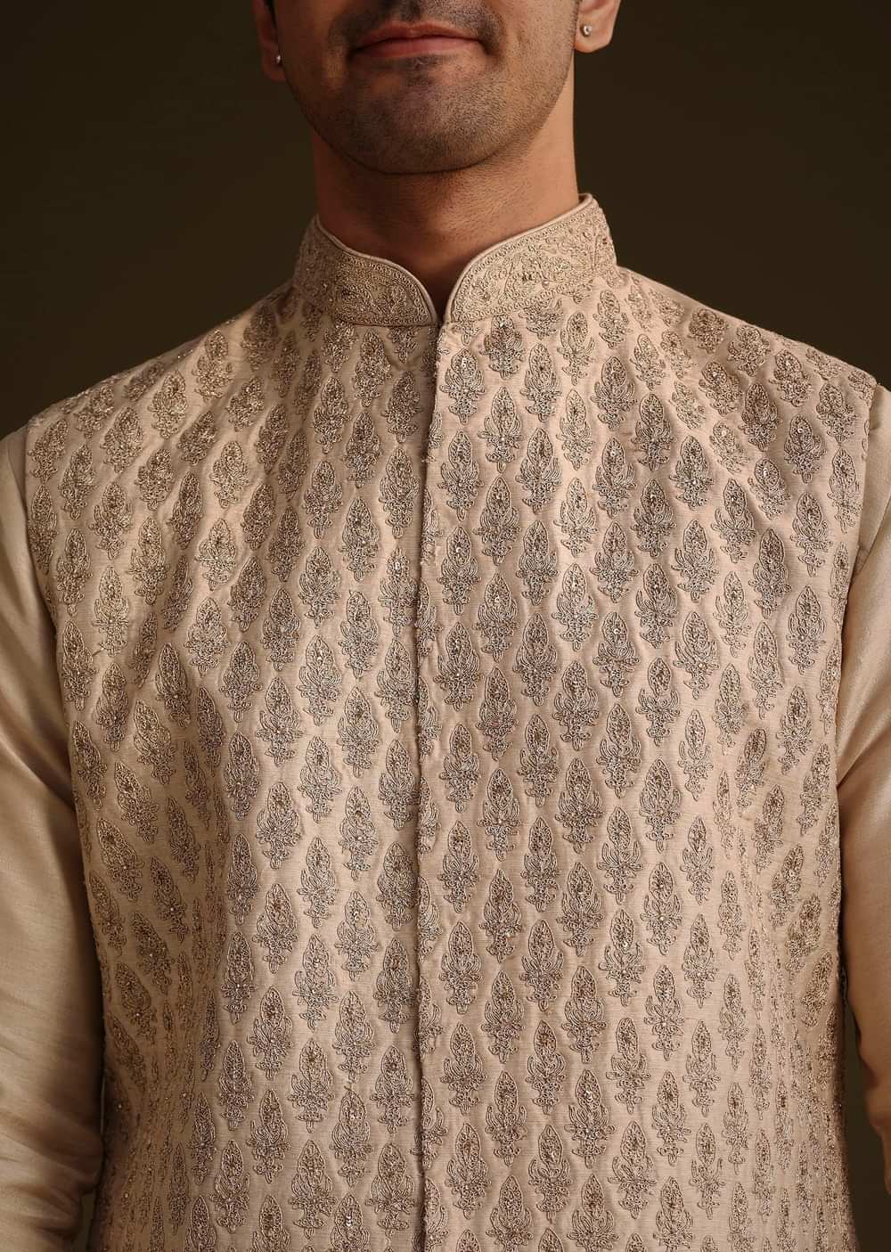 Fawn Silk Jacket Set With Dori Work