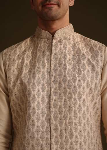 Fawn Silk Jacket Set With Dori Work