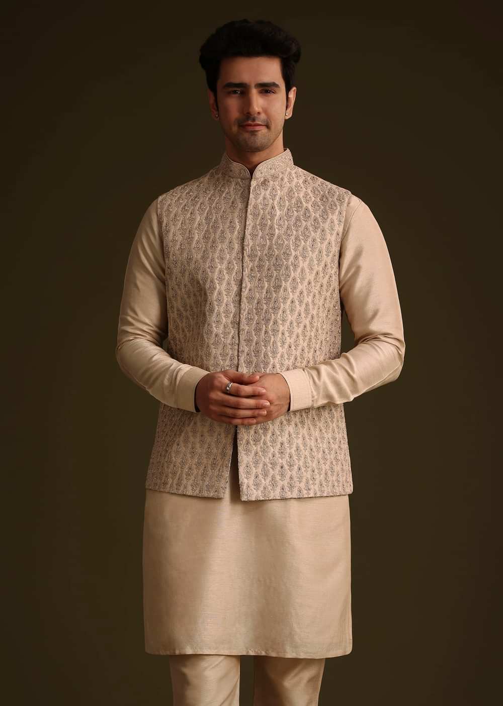 Fawn Silk Jacket Set With Dori Work