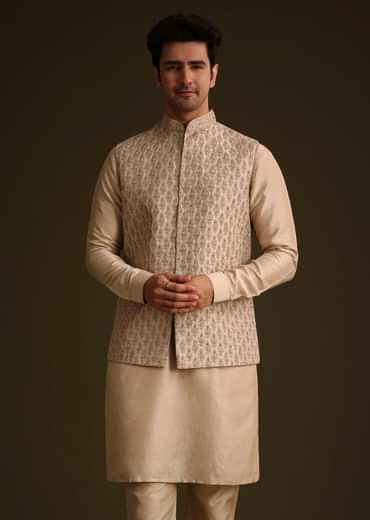 Fawn Silk Jacket Set With Dori Work