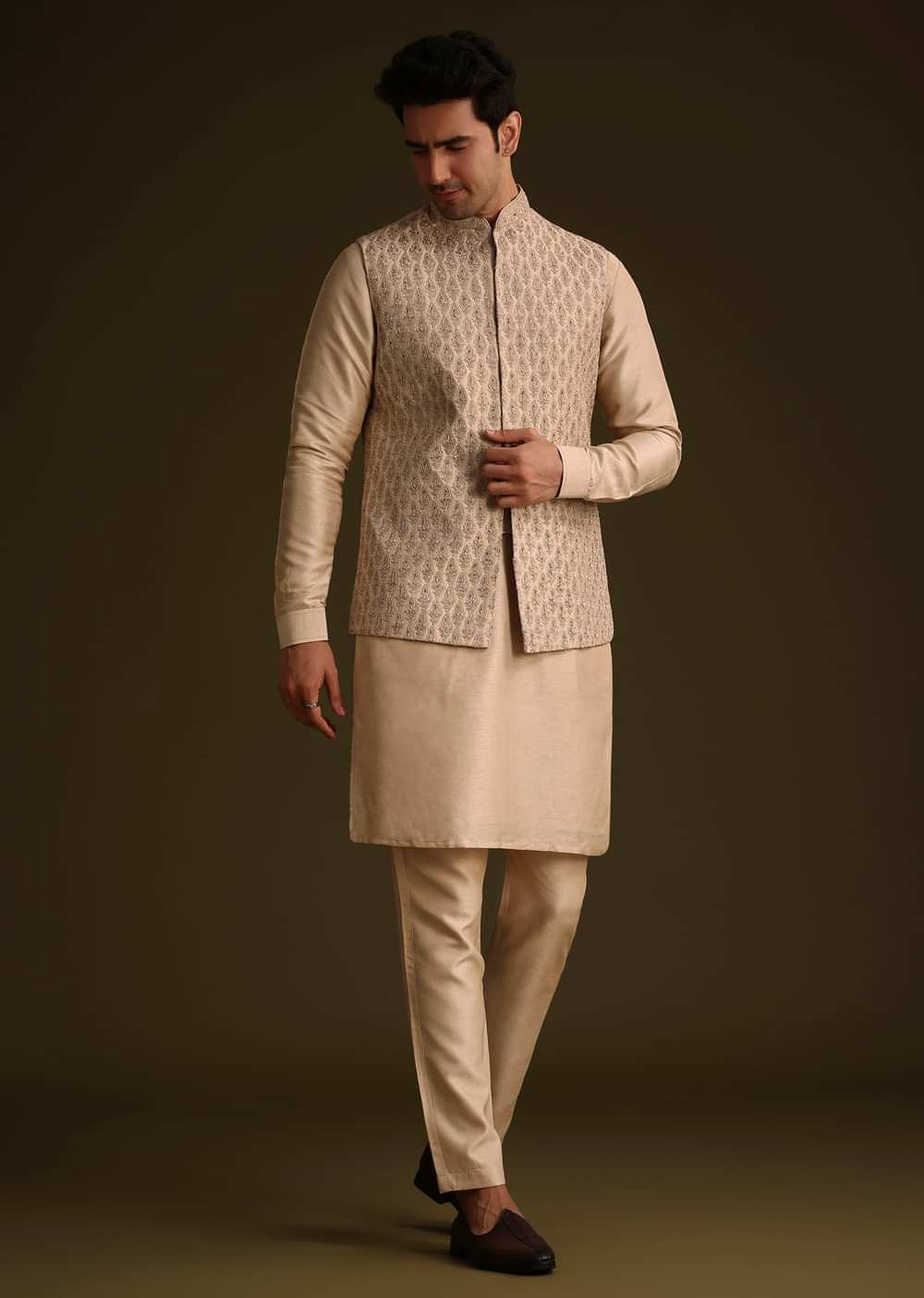 Fawn Silk Jacket Set With Dori Work