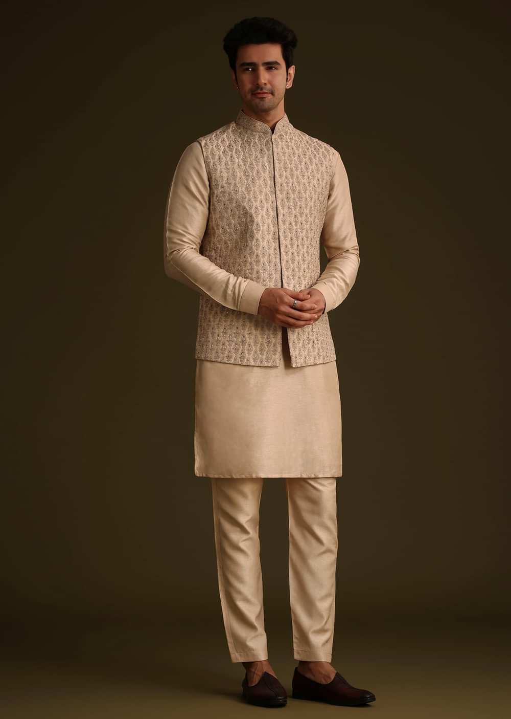 Fawn Silk Jacket Set With Dori Work