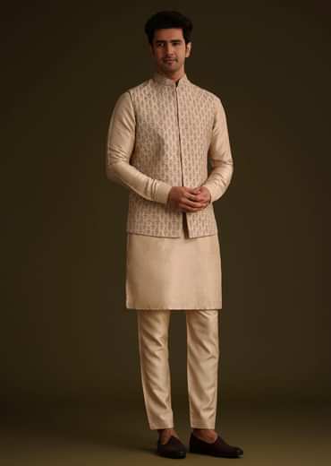 Fawn Silk Jacket Set With Dori Work