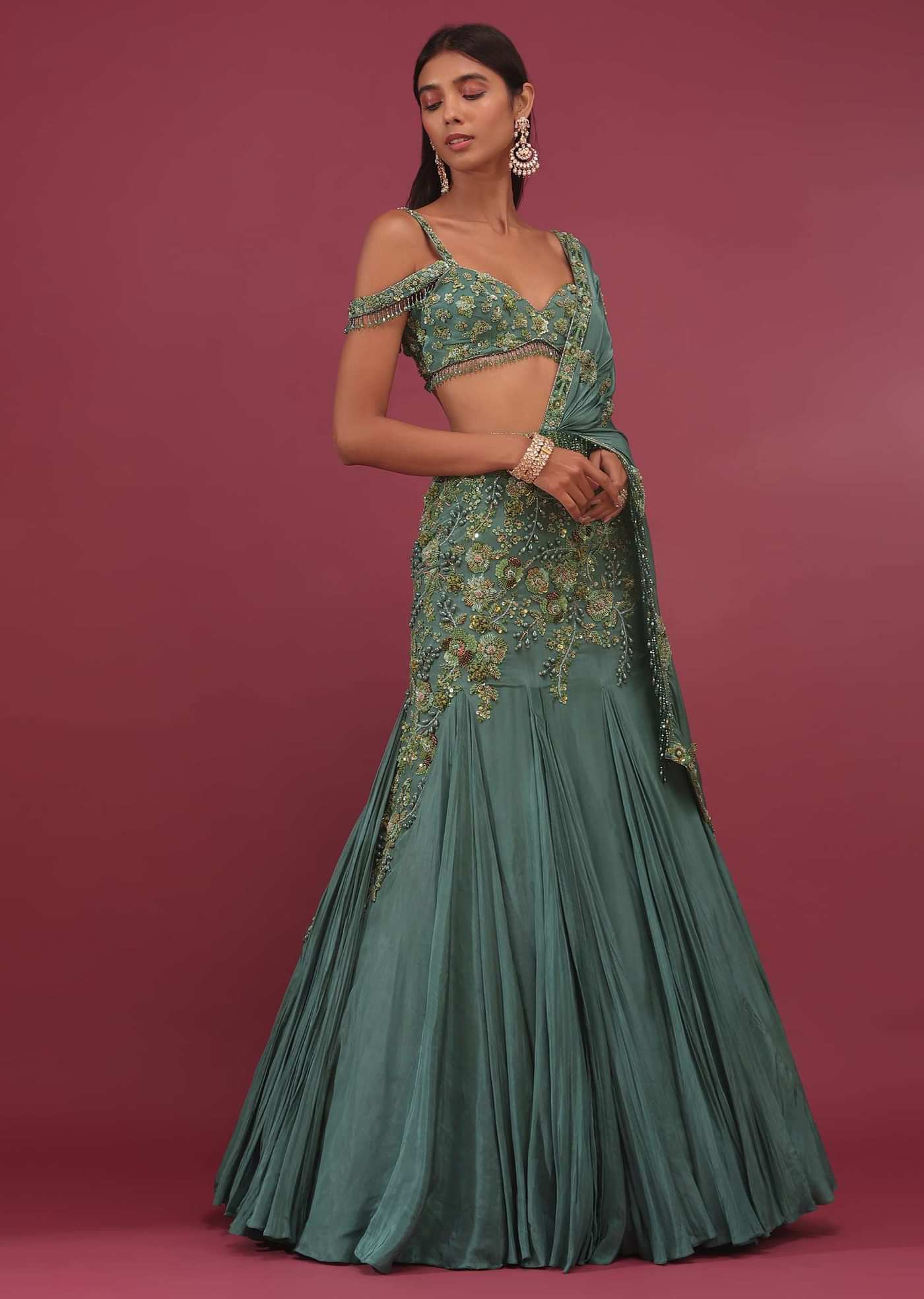 Mint Blue Lehenga Set In Pure Crepe Embroidered With Attached Dupatta - NOOR 2022