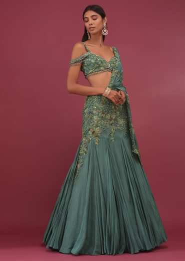 Mint Blue Lehenga Set In Pure Crepe Embroidered With Attached Dupatta - NOOR 2022