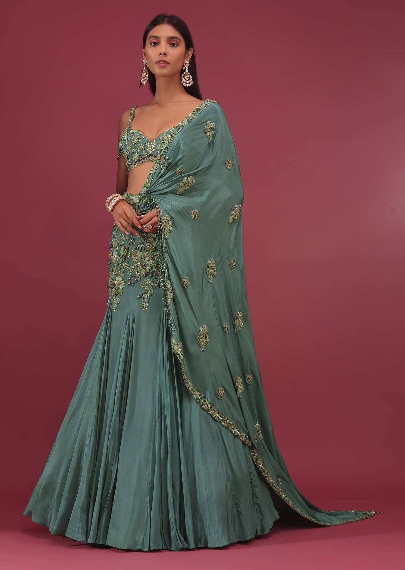 Mint Blue Pure Crepe Pleated Lehenga Set With Attached Dupatta - NOOR 2022