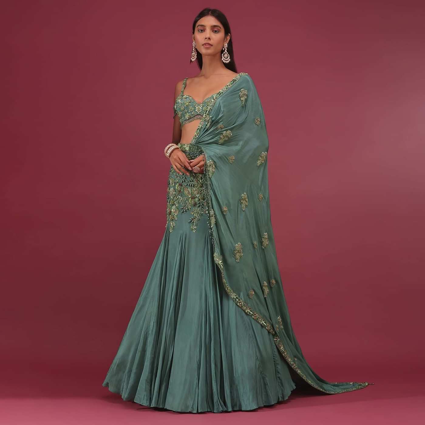 Mint Blue Lehenga Set In Pure Crepe Embroidered With Attached Dupatta - NOOR 2022