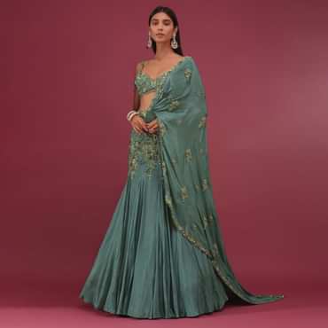 Mint Blue Lehenga Set In Pure Crepe Embroidered With Attached Dupatta - NOOR 2022
