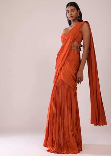 Orange Crepe Drape Saree And Blouse With Crystal Tassels All Over
