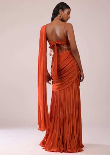 Orange Crepe Drape Saree And Blouse With Crystal Tassels All Over