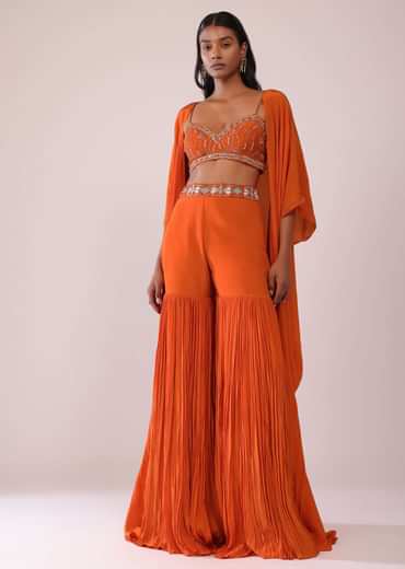 Orange Sharara And Embroidered Blouse Set With Floor Length Shrug In Crepe