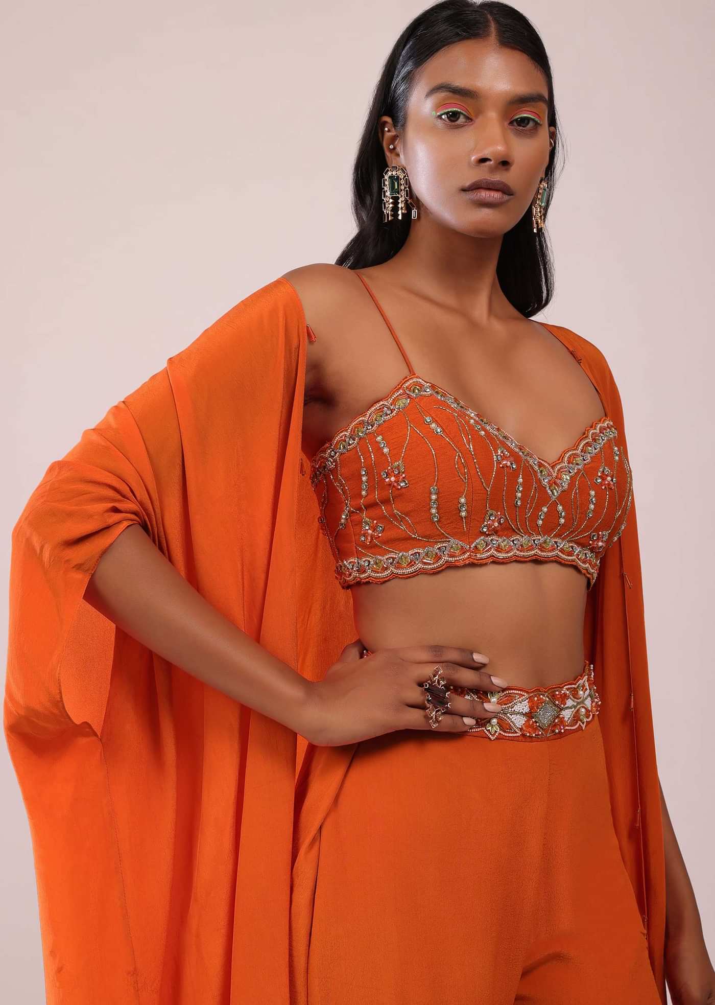 Orange Sharara And Embroidered Blouse Set With Floor Length Shrug In Crepe