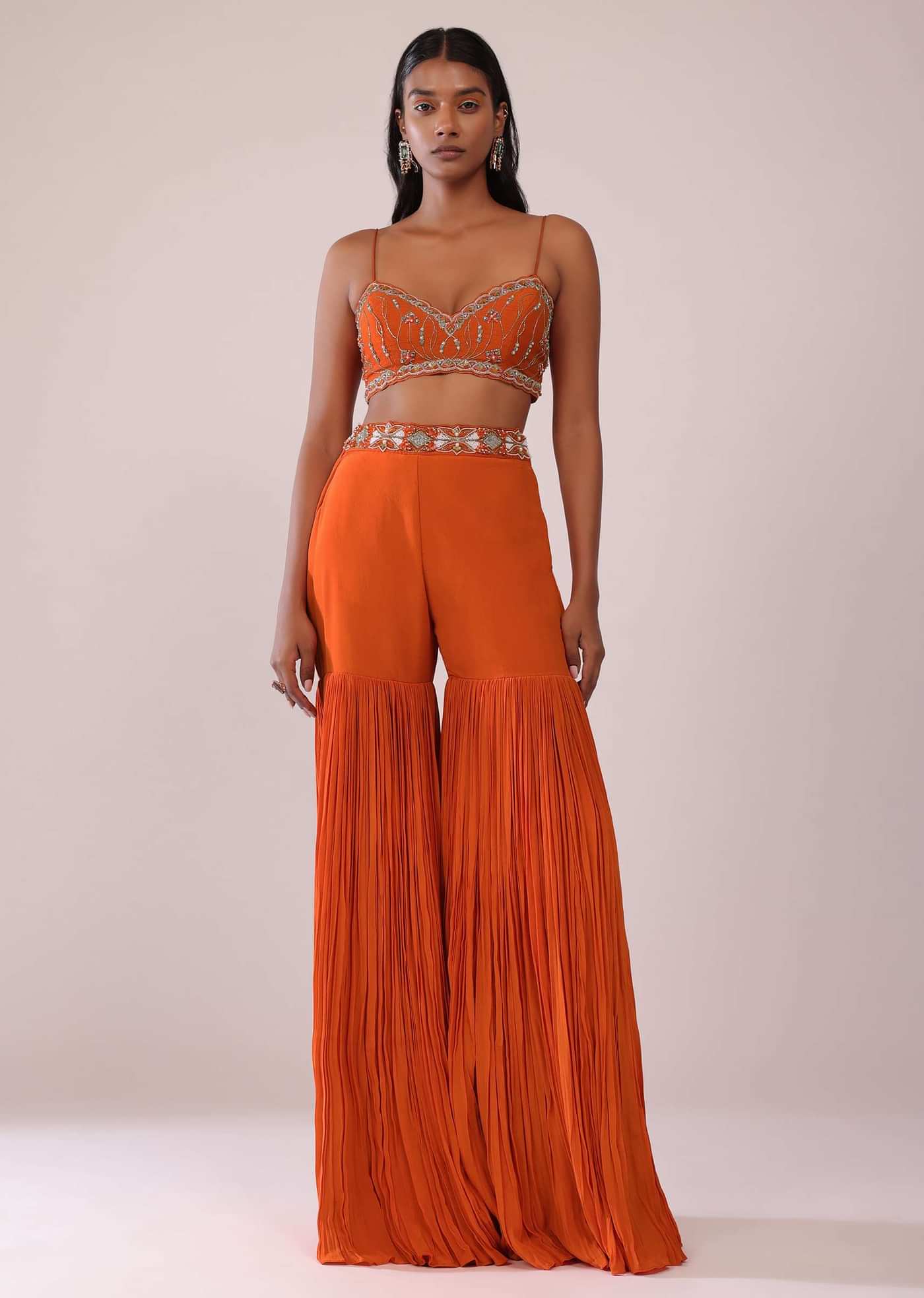 Orange Sharara And Embroidered Blouse Set With Floor Length Shrug In Crepe