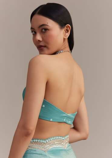 Firozi Blue Crushed Tissue Saree With Sequins Embellished Scallop Border