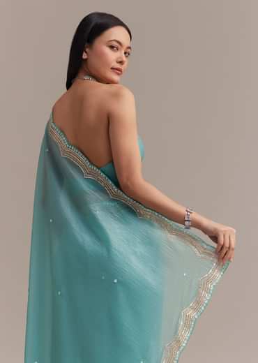 Firozi Blue Crushed Tissue Saree With Sequins Embellished Scallop Border