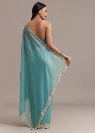 Firozi Blue Crushed Tissue Saree With Sequins Embellished Scallop Border