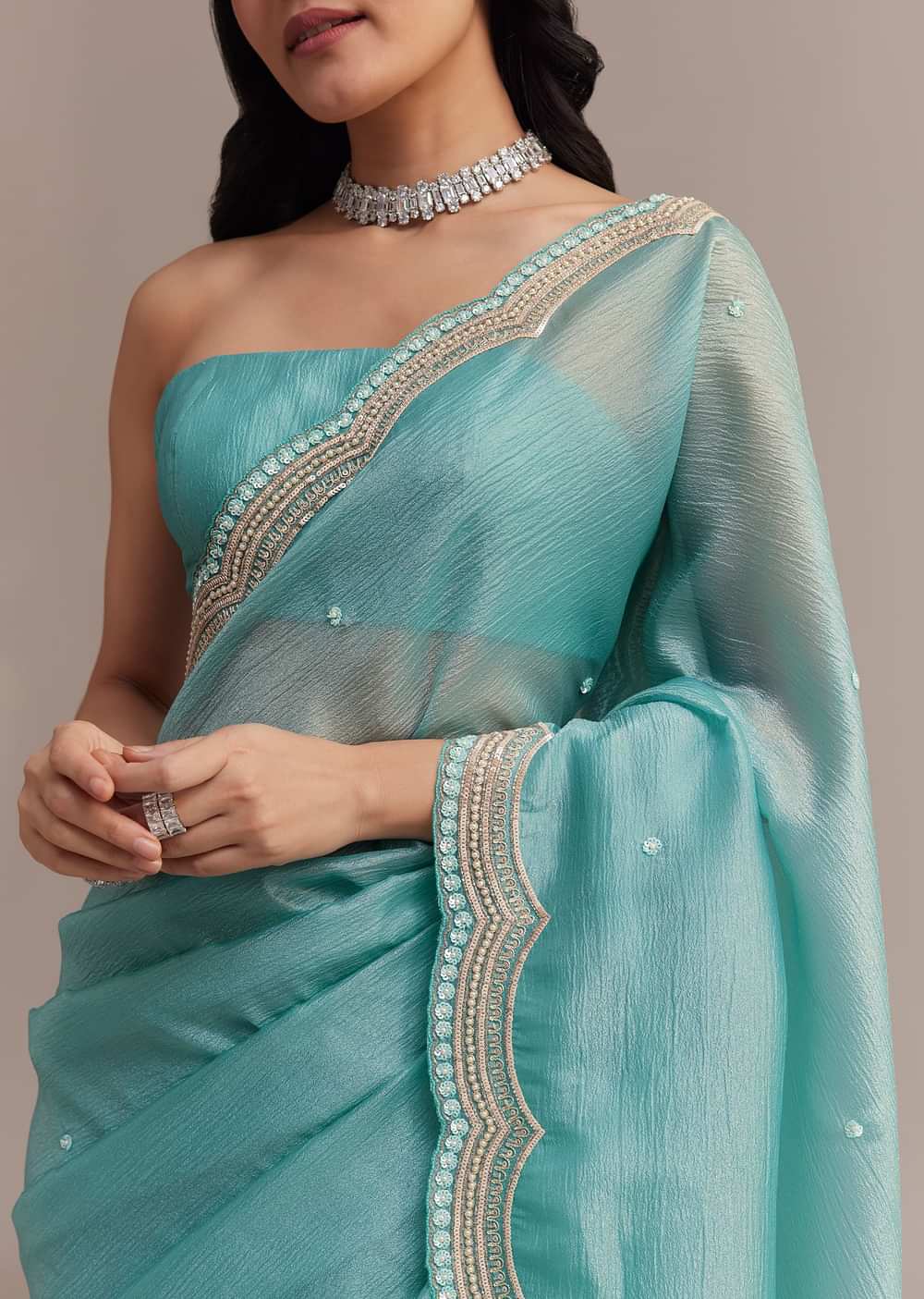 Firozi Blue Crushed Tissue Saree With Sequins Embellished Scallop Border