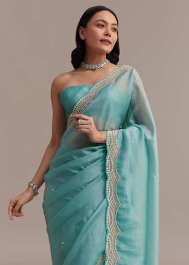 Firozi Blue Crushed Tissue Saree With Sequins Embellished Scallop Border