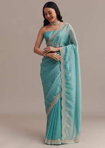 Firozi Blue Crushed Tissue Saree With Sequins Embellished Scallop Border