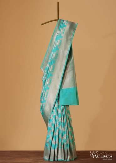Firozi Blue Handloom Banarasi Saree In Uppada Silk With Gold Woven Meenakari Buttis And Unstitched Blouse