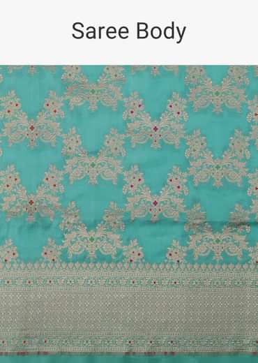 Firozi Blue Handloom Banarasi Saree In Uppada Silk With Gold Woven Meenakari Buttis And Unstitched Blouse