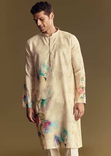 Floral Beige Linen Kurta Set