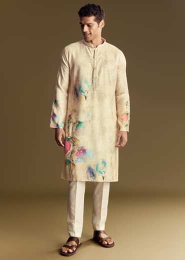 Floral Beige Linen Kurta Set