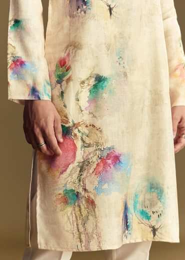 Floral Beige Linen Kurta Set