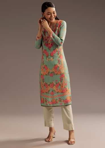 Floral Print Crepe Kurta With Cutdana Work