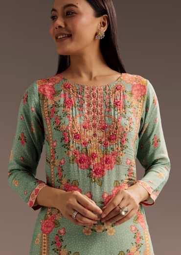 Floral Print Crepe Kurta With Cutdana Work