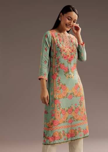 Floral Print Crepe Kurta With Cutdana Work