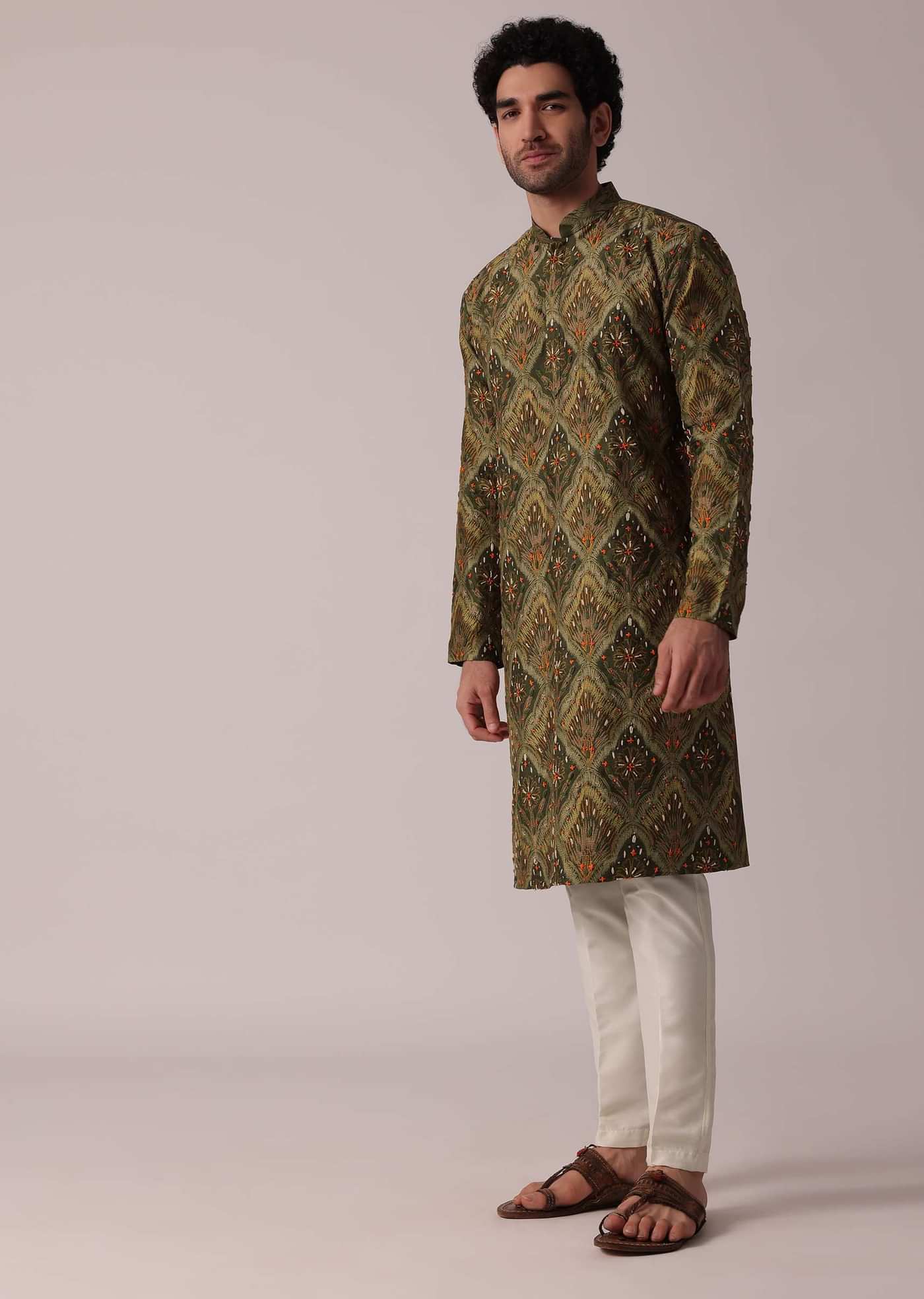 Floral Printed Green Festive Silk Kurta Set For Men