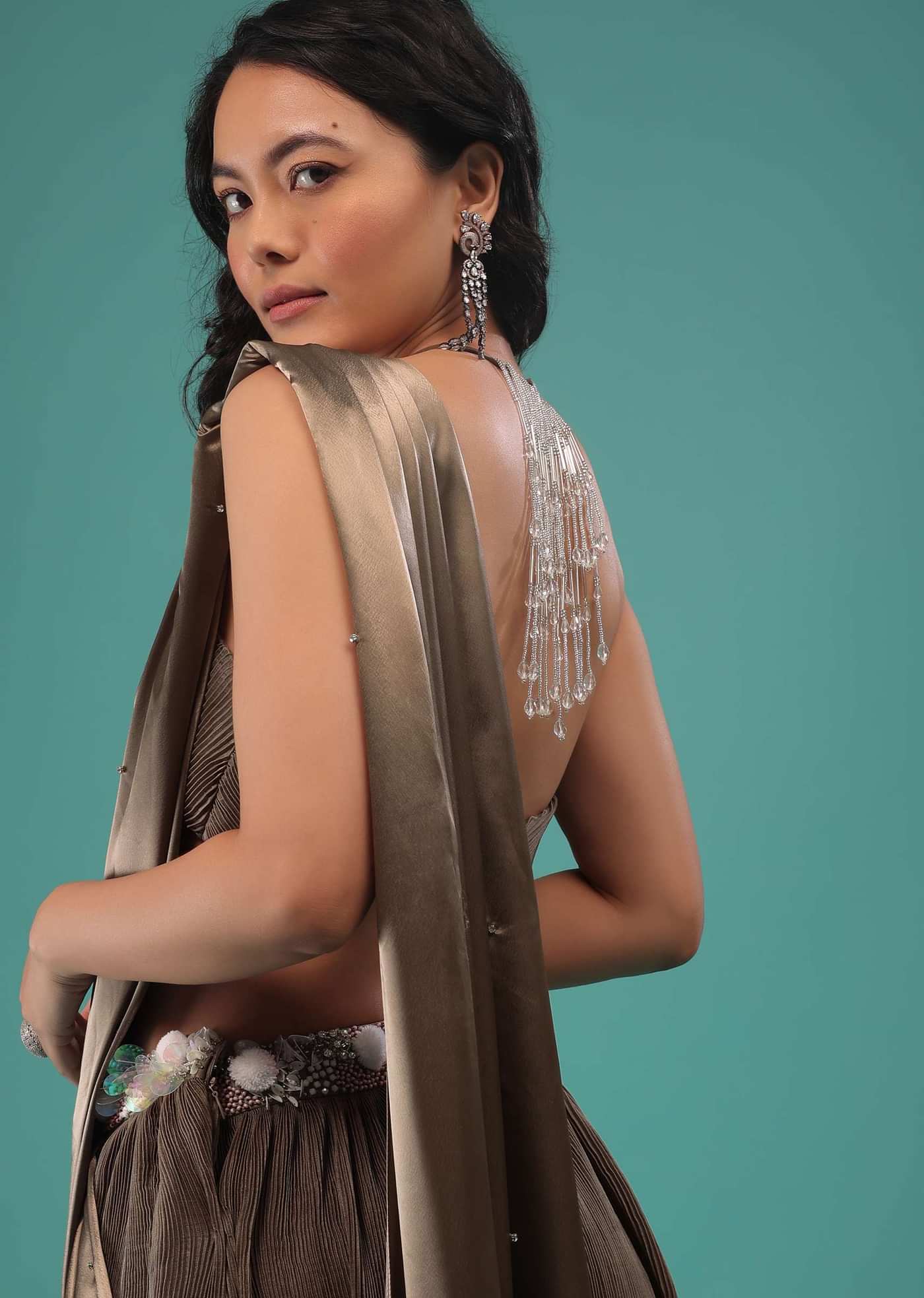 Fossil Brown Pre-Pleated Dhoti Saree In Knitted Pleated Fabric