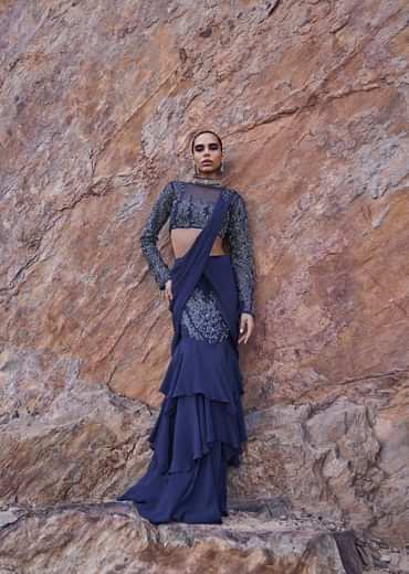 French Blue Fishcut Draped Frill Saree With Blouse